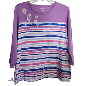 Kim Rogers Purple Striped Seahorse Shell Beach Long Sleeve Top